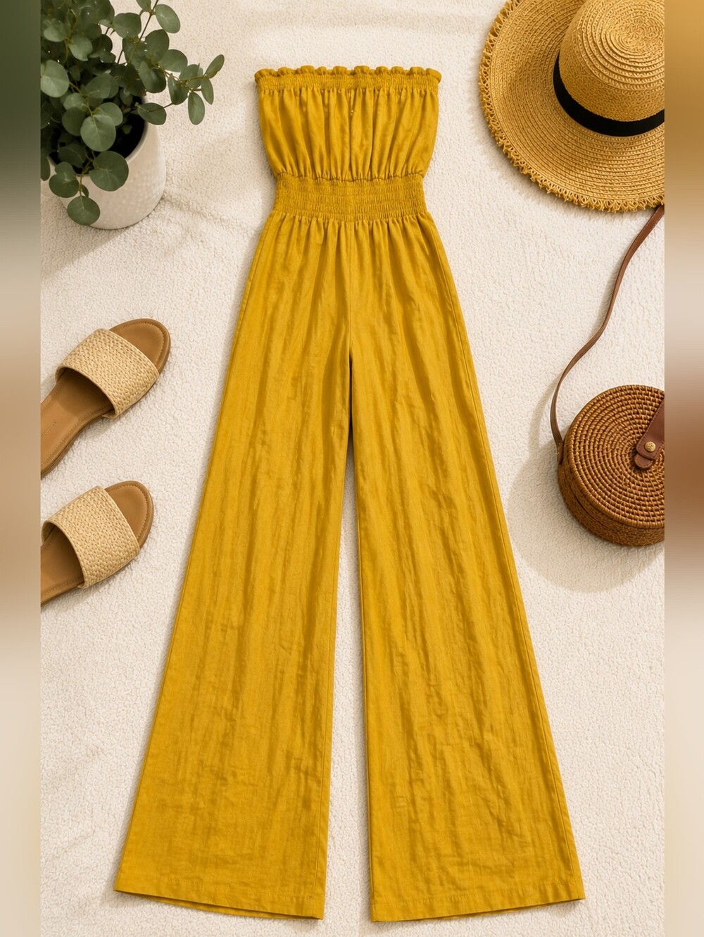 Mustard Yellow Strapless Wide Leg Jumpsuit | Smocked Waist | Size Small